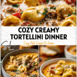 Bowl of creamy tortellini and sausage soup garnished with herbs in a rustic crockpot setting. 26